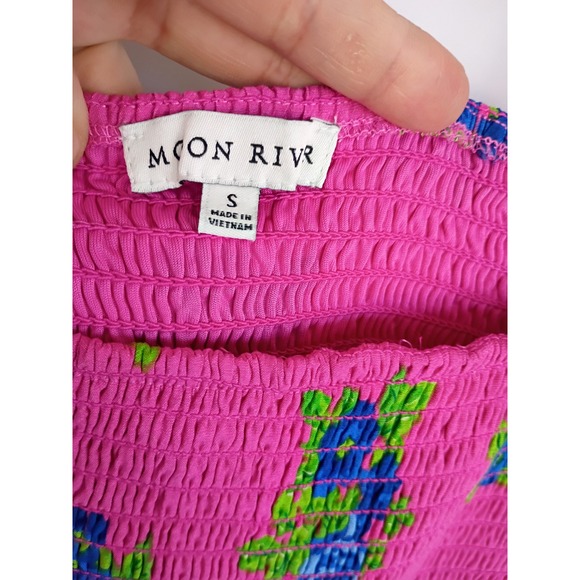 Moon River Pink Floral Smocked Maxi Dress Puff Sleeve Cutout Back Small - Picture 5 of 8